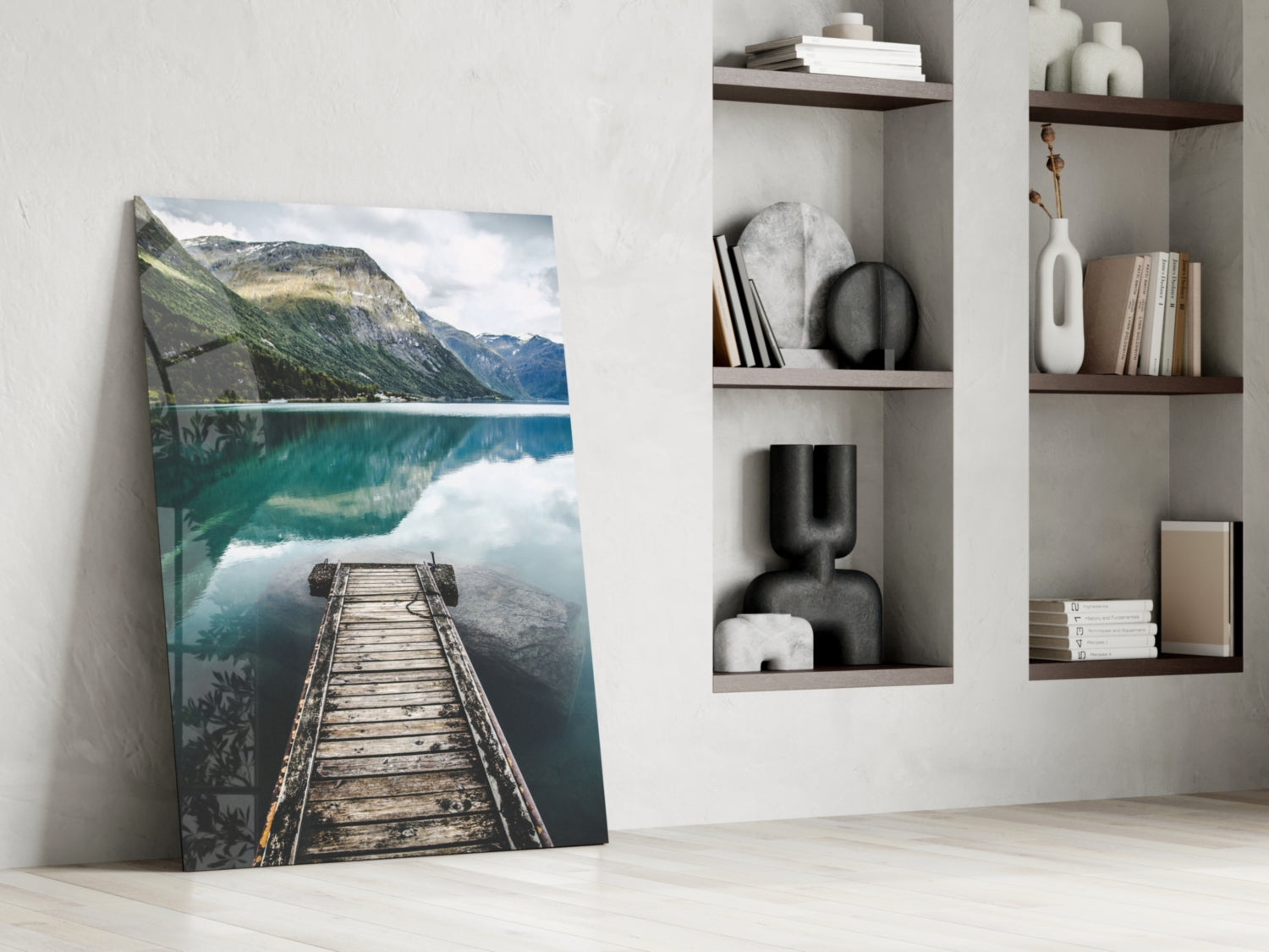 Turquoise Fjord Mountain Jetty Glass Wall Art
