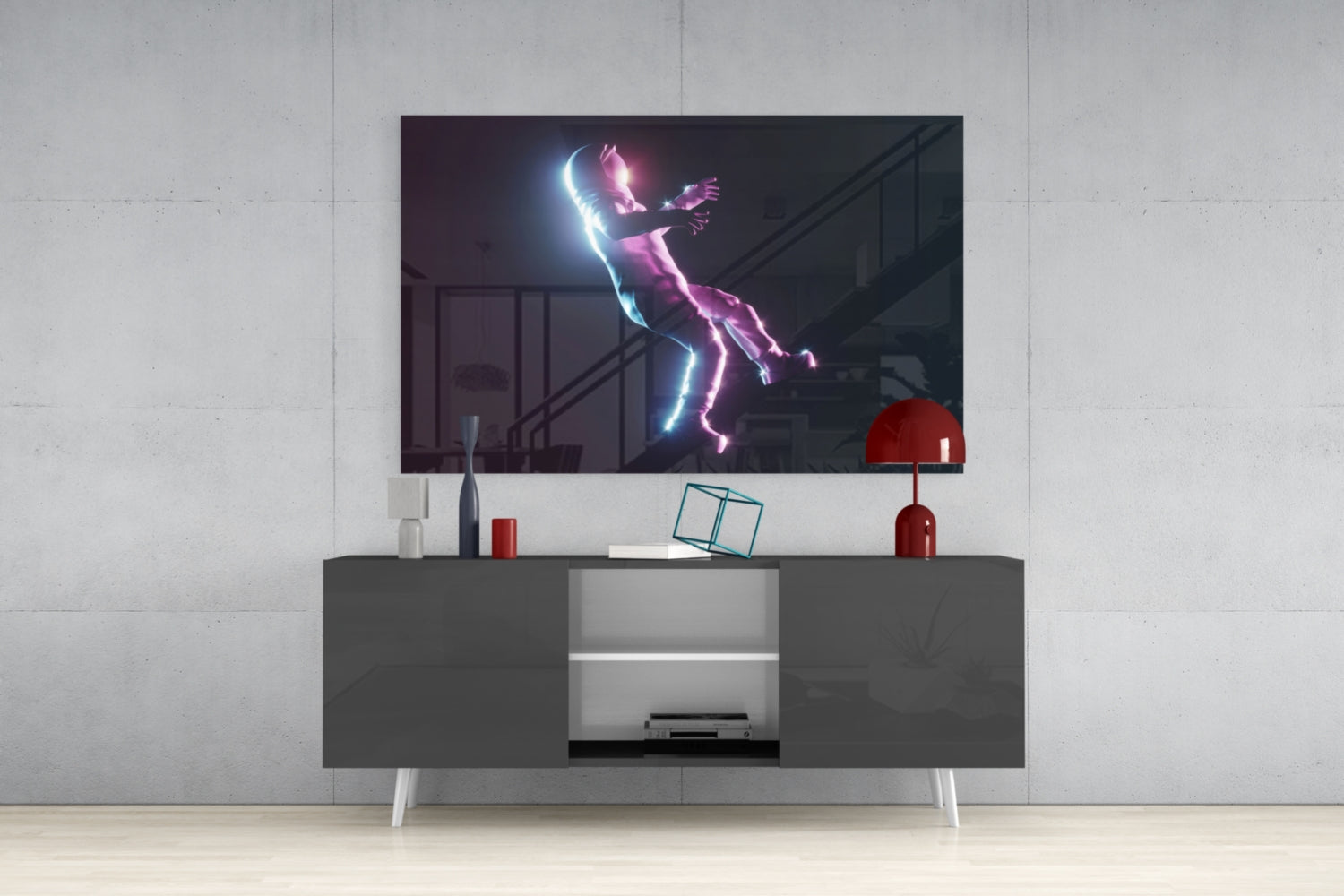 Neon Lit Floating Figure Glass Wall Art