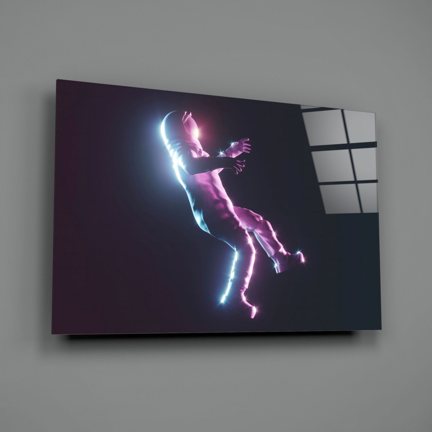 Neon Lit Floating Figure Glass Wall Art