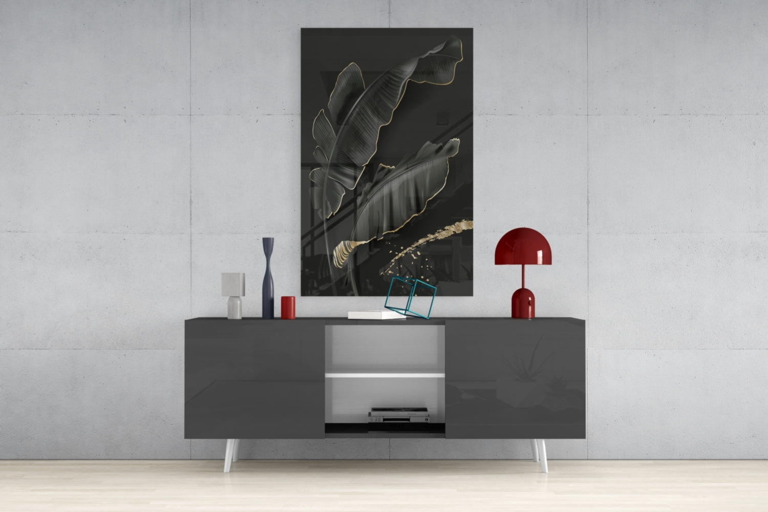 Golden Outline Black Leaves Glass Wall Art