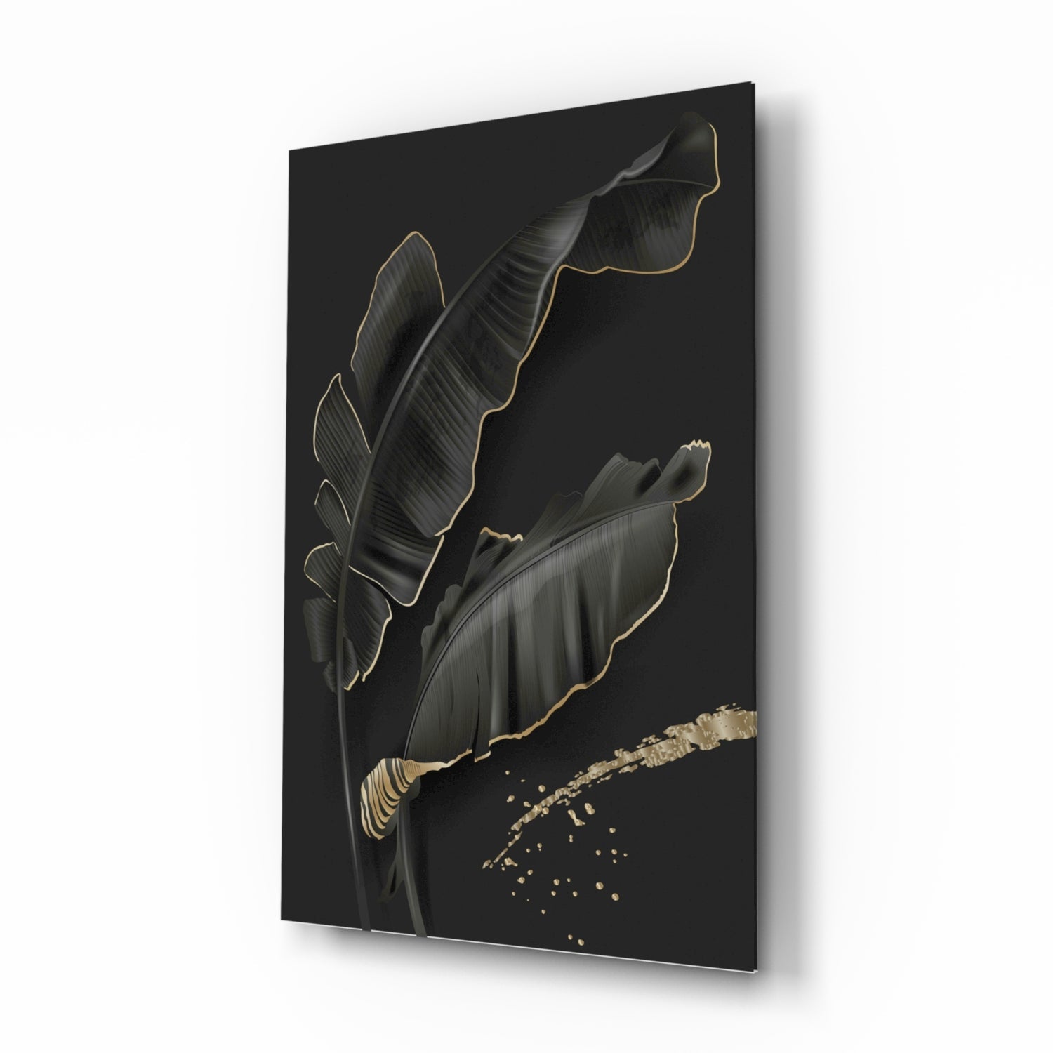 Golden Outline Black Leaves Glass Wall Art