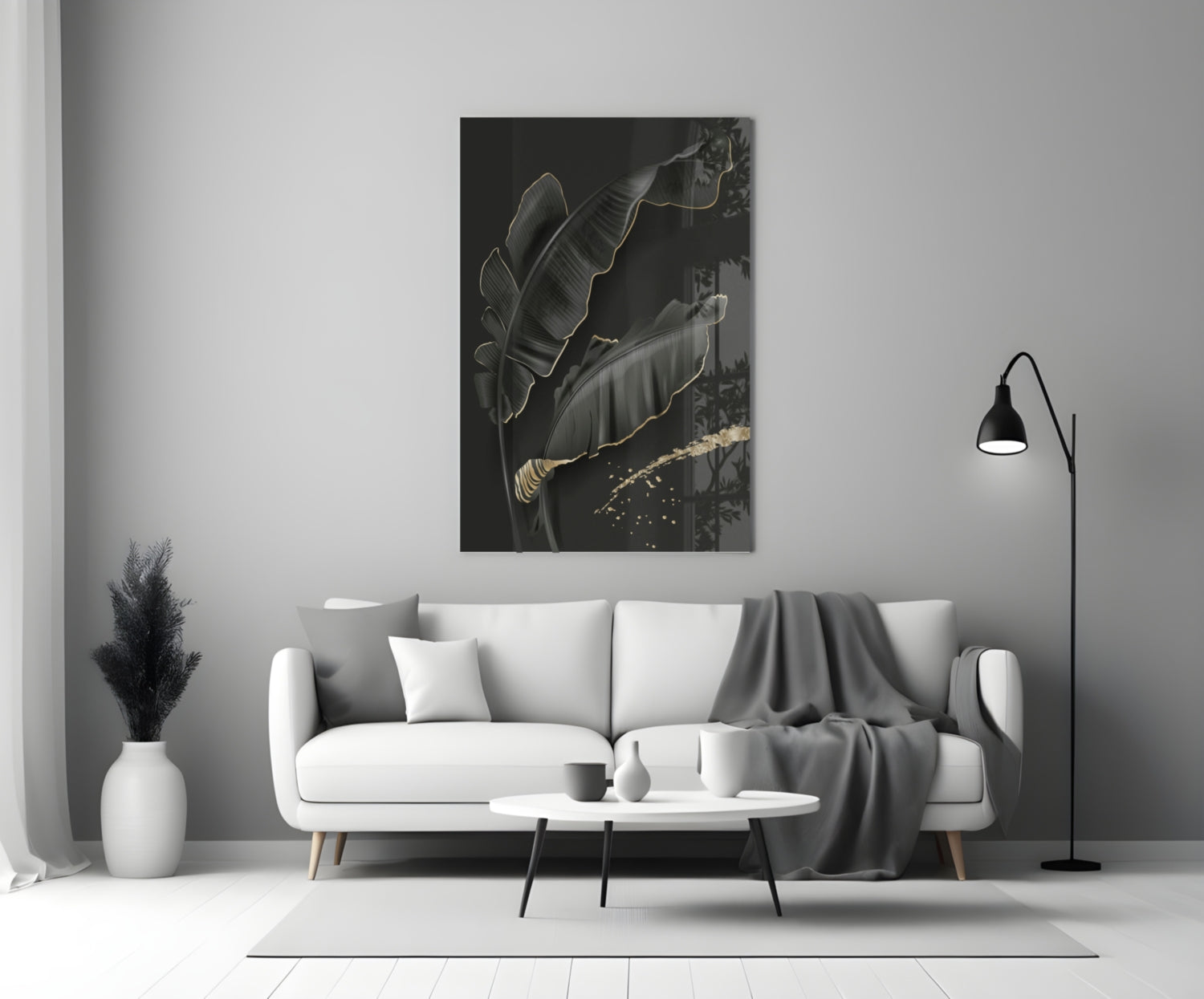 Golden Outline Black Leaves Glass Wall Art