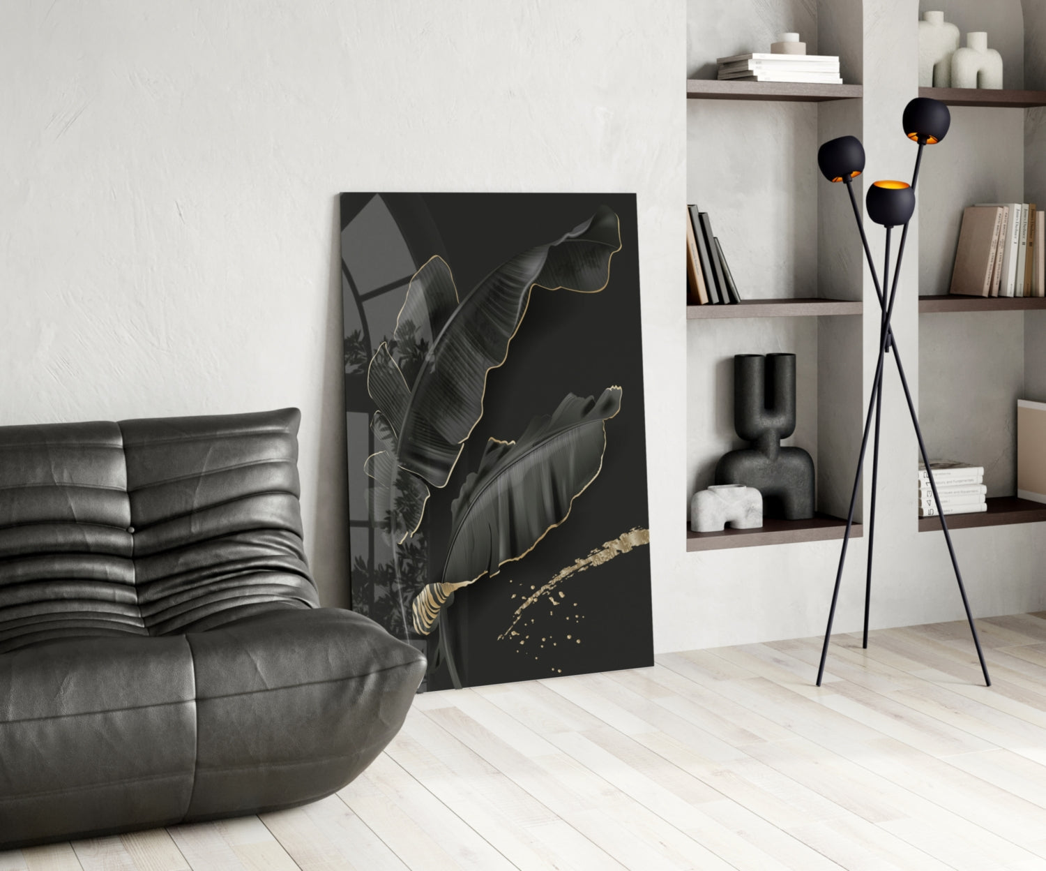Golden Outline Black Leaves Glass Wall Art