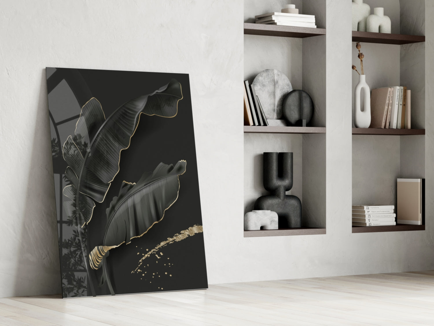 Golden Outline Black Leaves Glass Wall Art