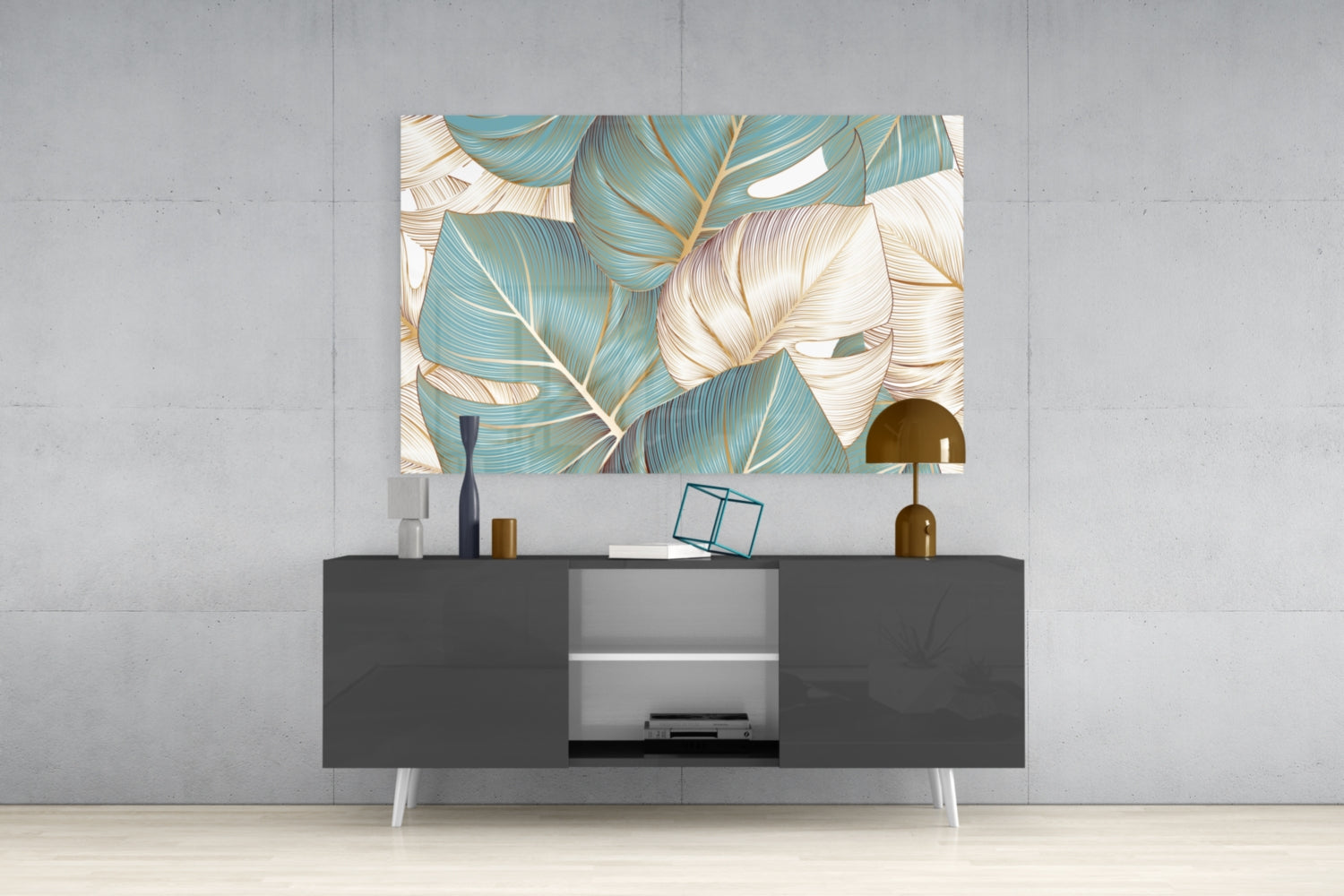 Teal Gold Tropical Leaves Glass Wall Art