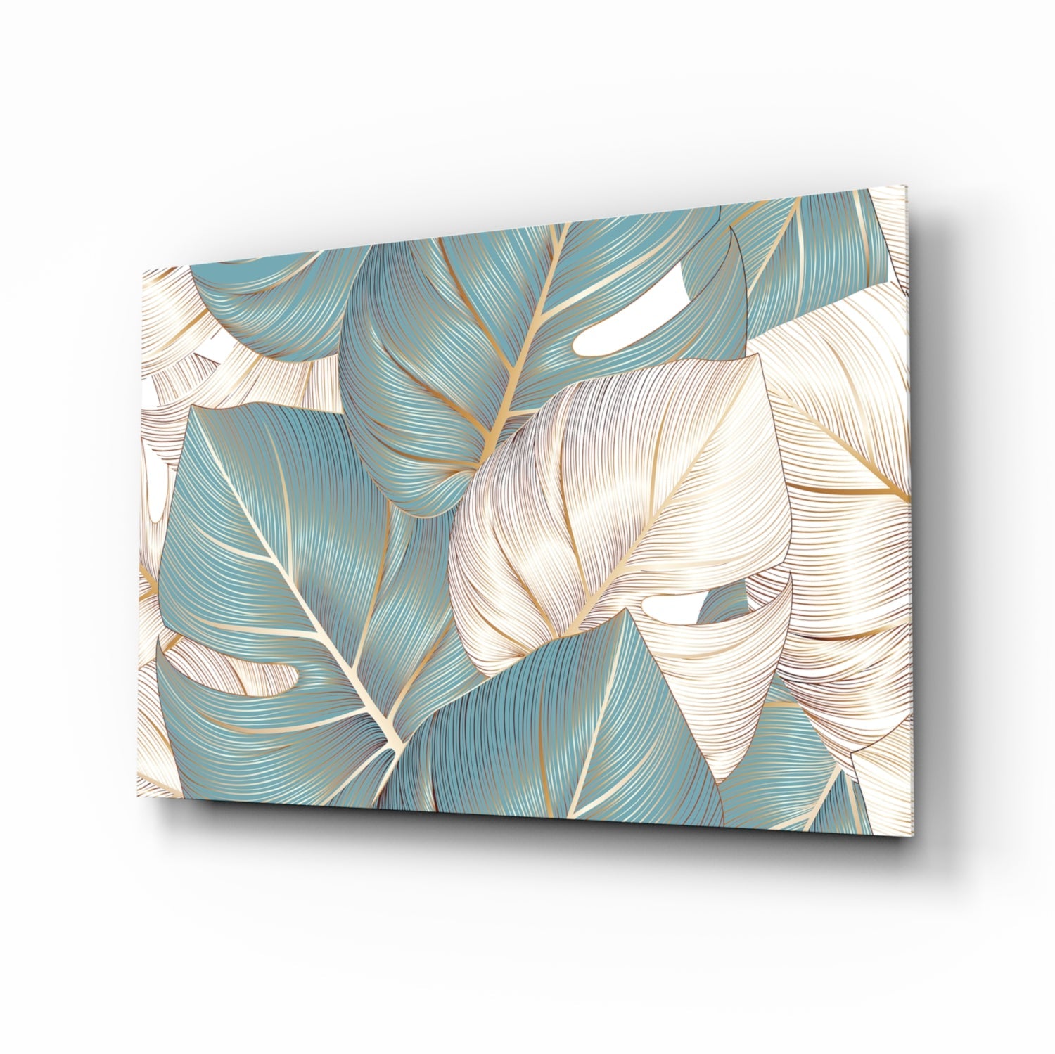 Teal Gold Tropical Leaves Glass Wall Art