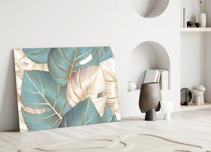 Teal Gold Tropical Leaves Glass Wall Art