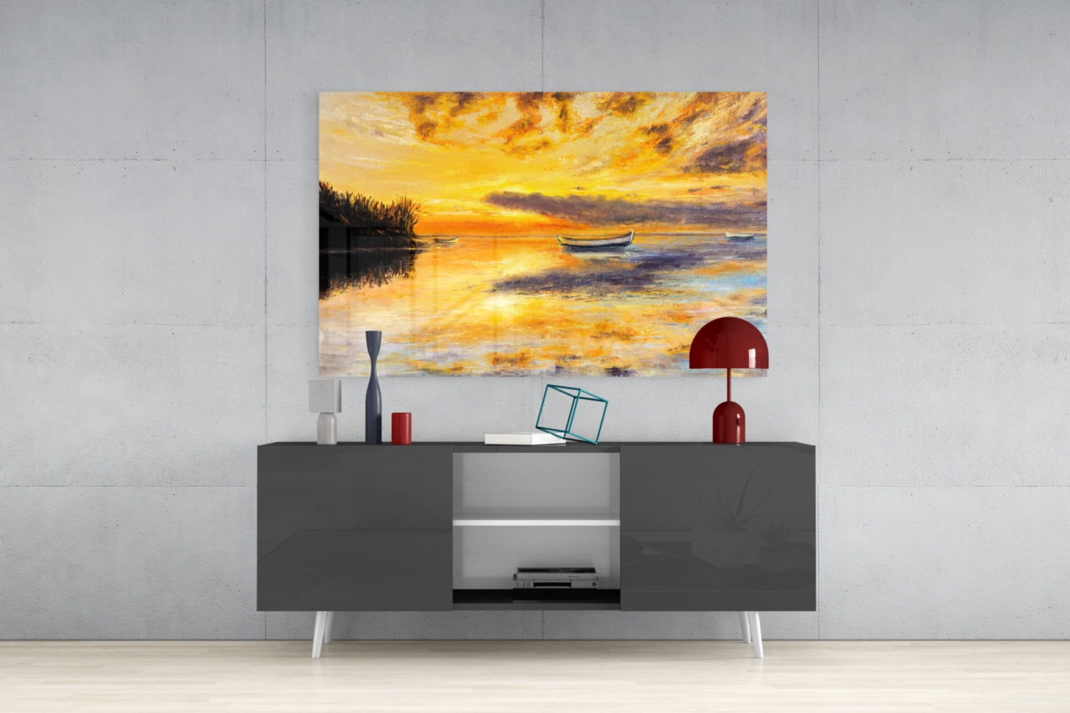 Golden Sunset Rowboats Oil Painting Glass Wall Art