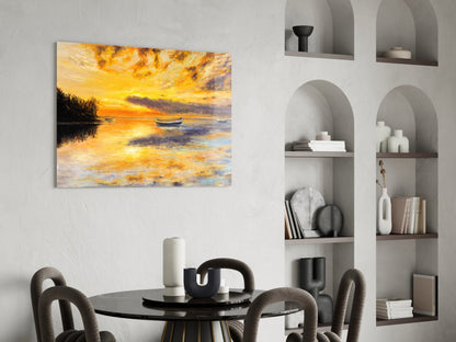 Golden Sunset Rowboats Oil Painting Glass Wall Art