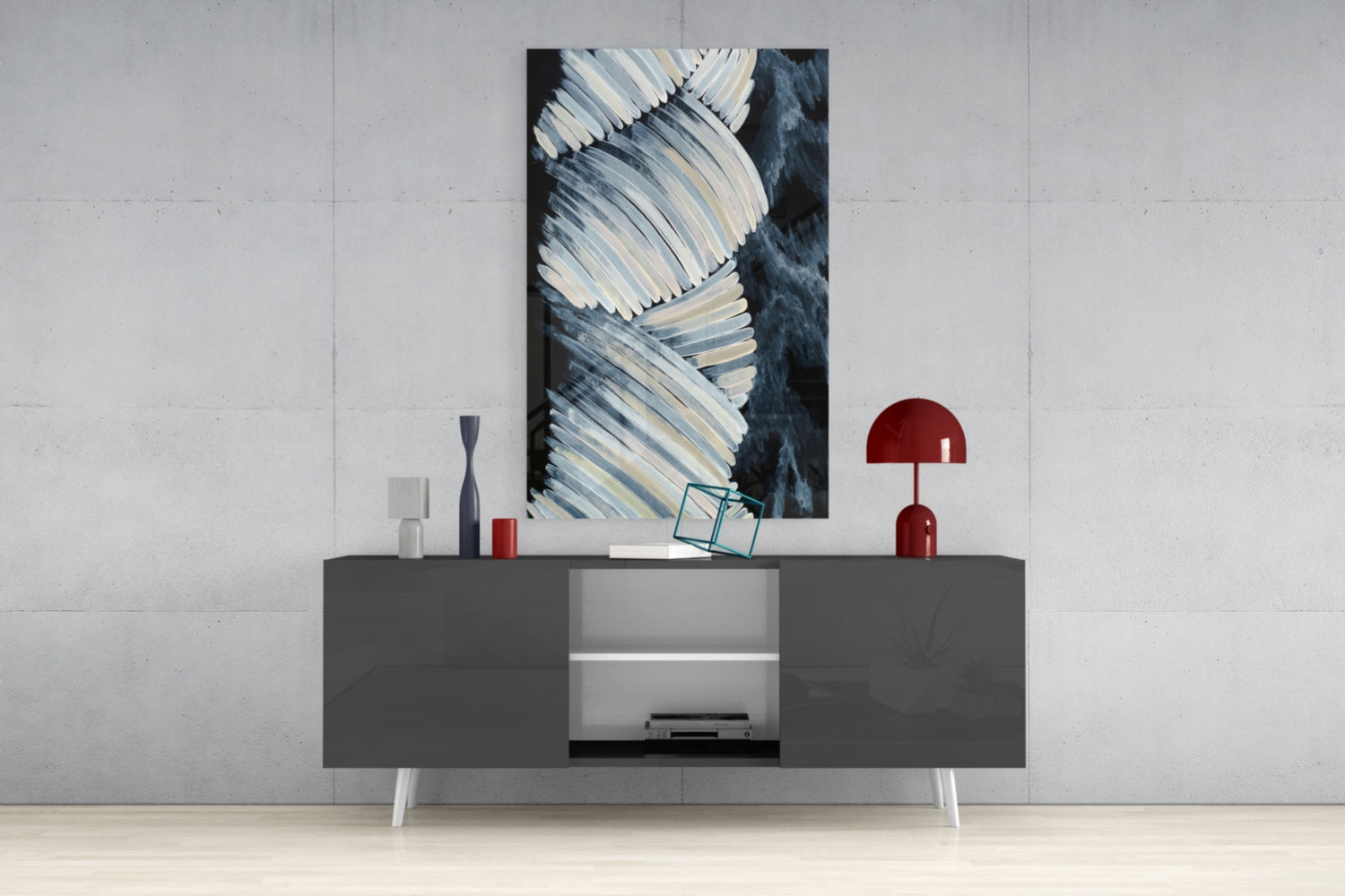 Cream Feather Wings Navy Glass Wall Art