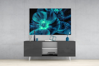 Turquoise Glowing Poppy Petals Glass Wall Art