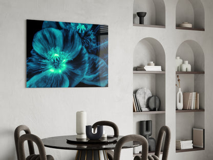 Turquoise Glowing Poppy Petals Glass Wall Art
