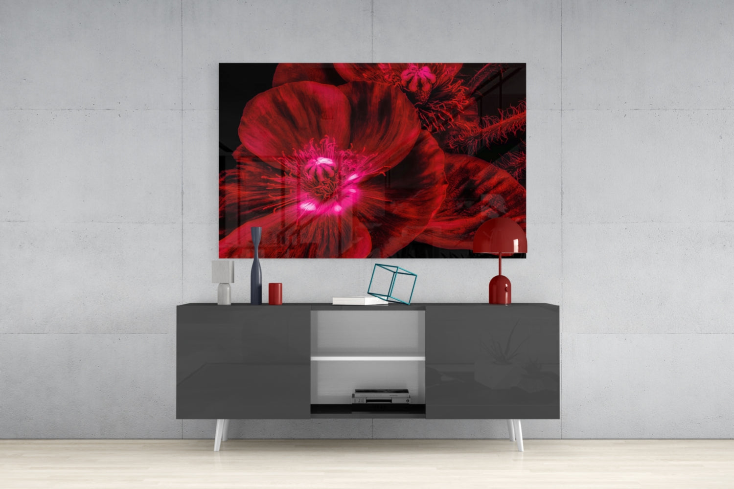 Crimson Poppy With Magenta Center Glass Wall Art