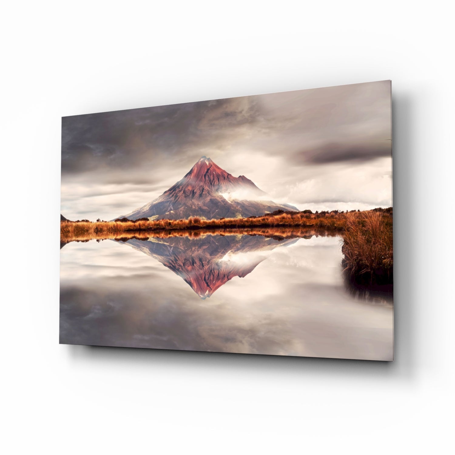 Rust Red Peak Mirrored in Still Lake Glass Wall Art