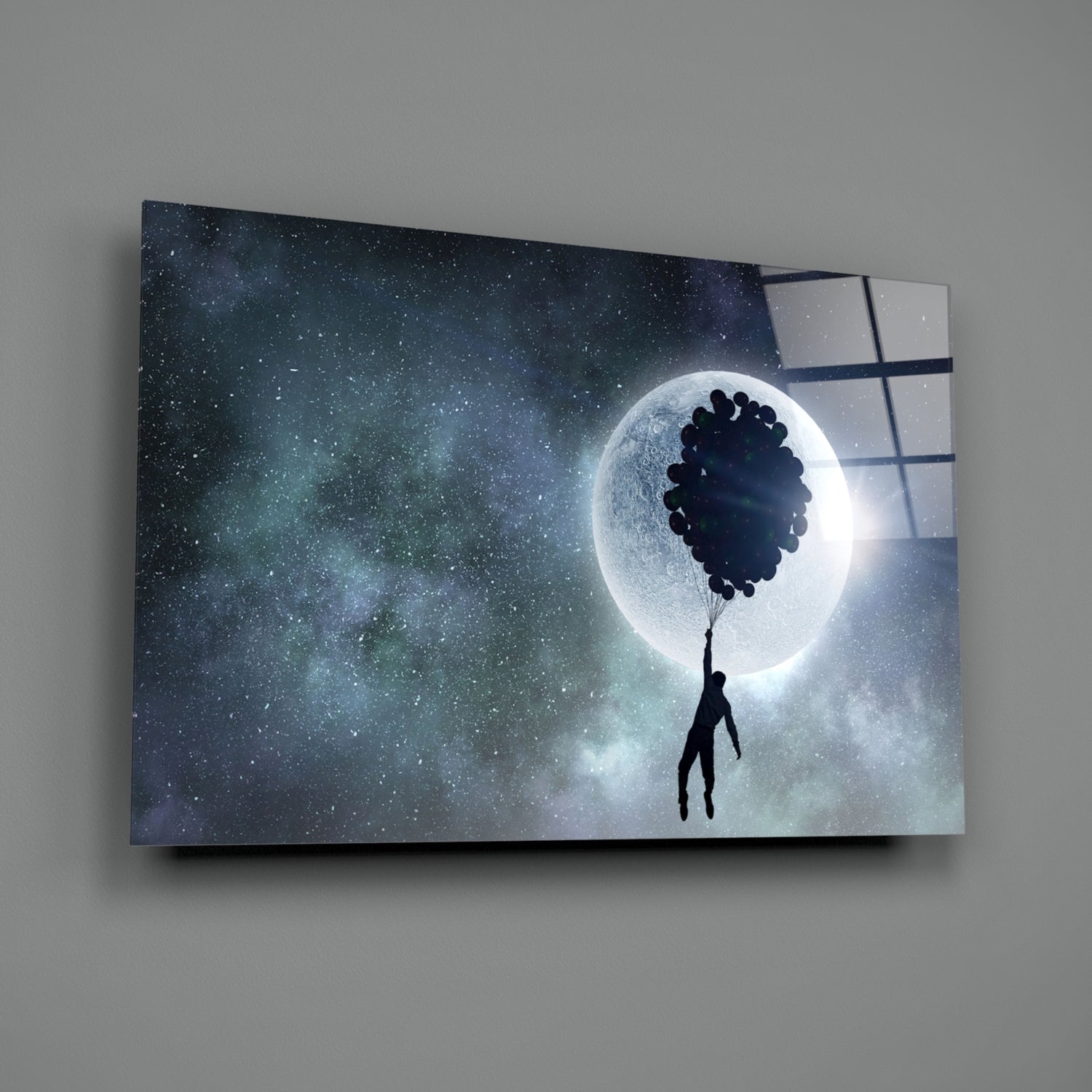 Man Floating on Balloons Full Moon Glass Wall Art