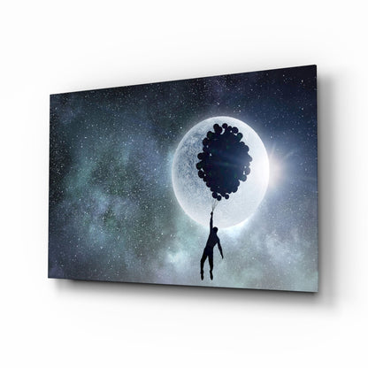 Man Floating on Balloons Full Moon Glass Wall Art