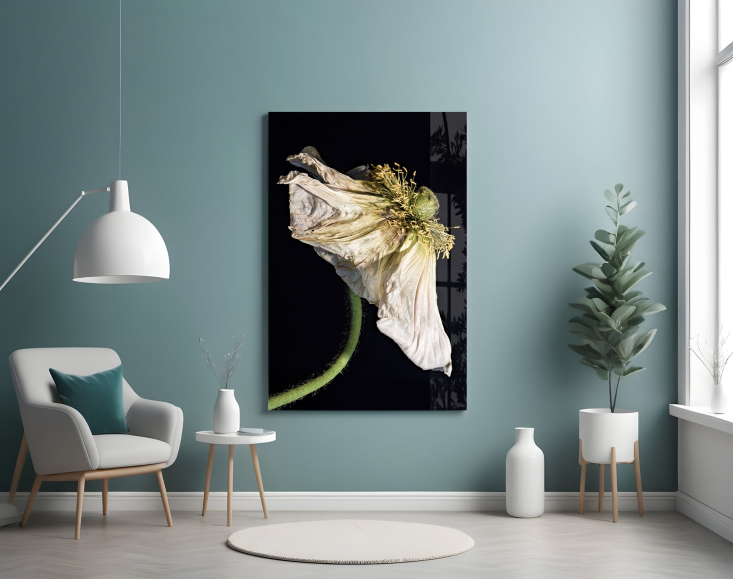 Dried White Poppy Stem Glass Wall Art