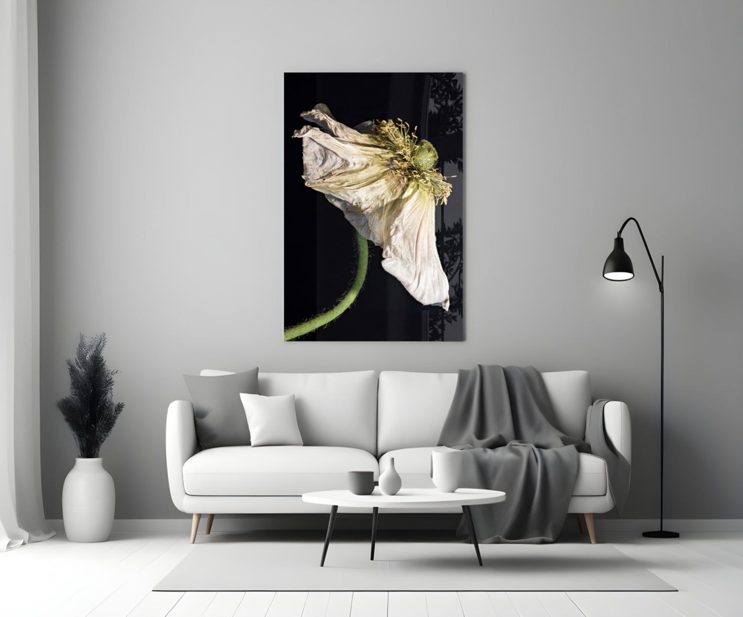 Dried White Poppy Stem Glass Wall Art