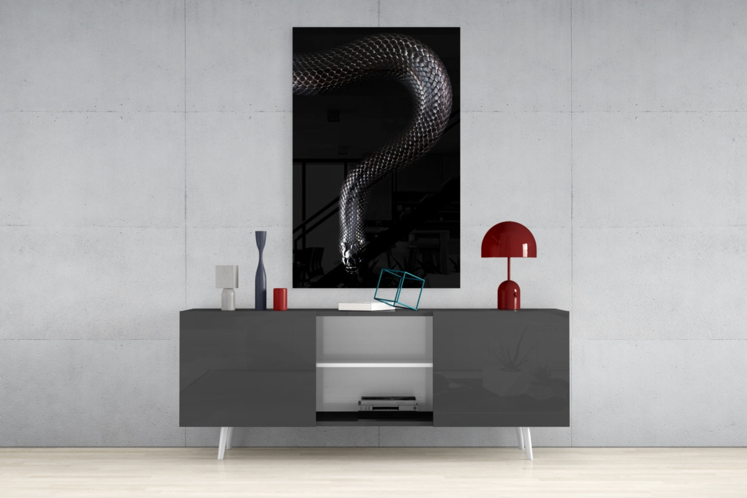 Silver Scaled Snake Descending Dark Glass Wall Art
