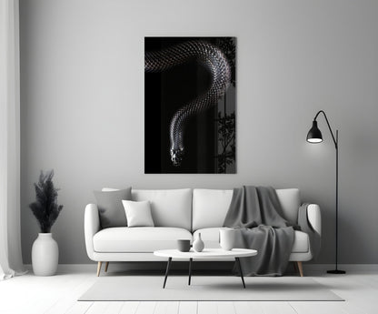 Silver Scaled Snake Descending Dark Glass Wall Art