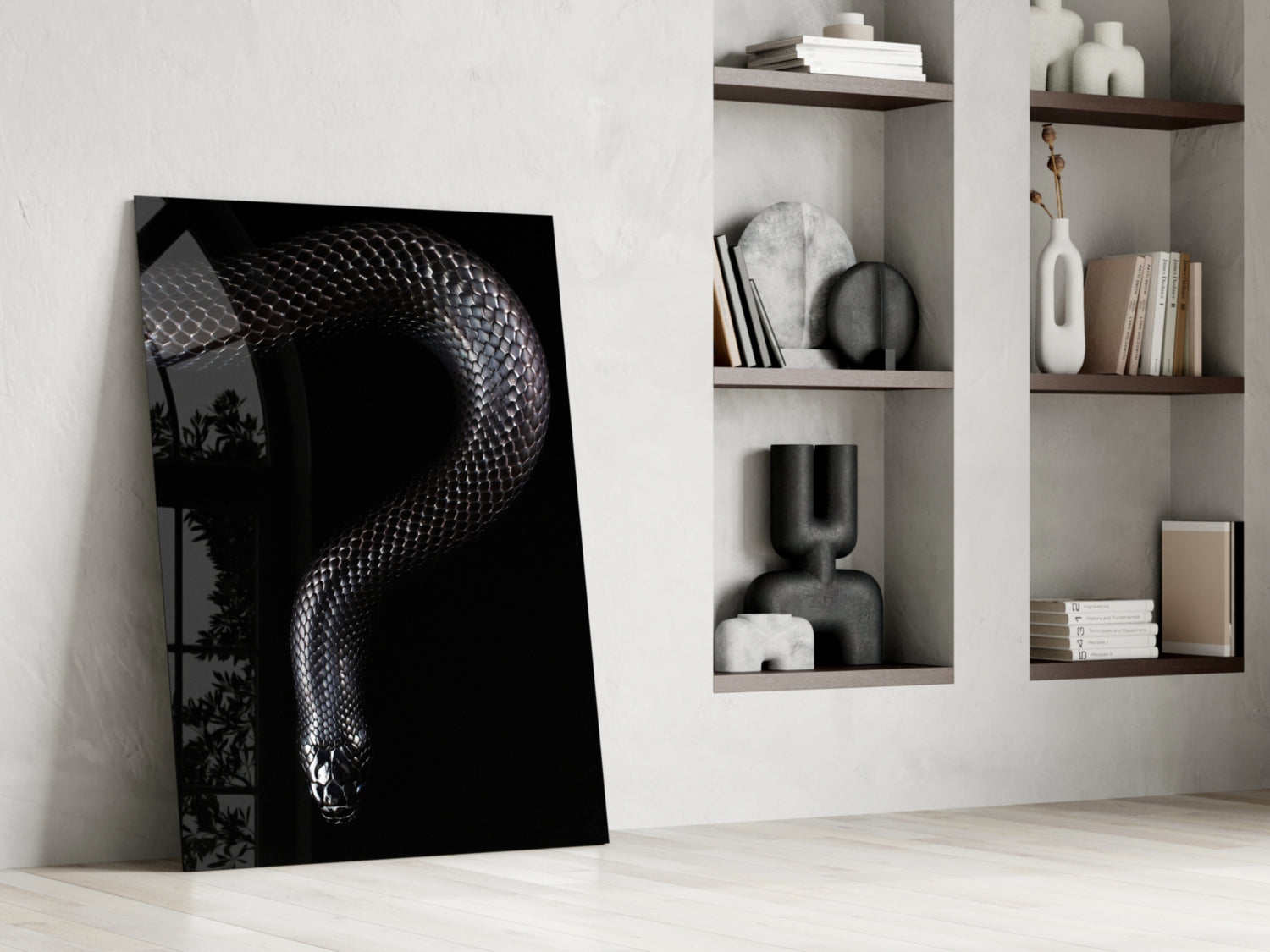 Silver Scaled Snake Descending Dark Glass Wall Art