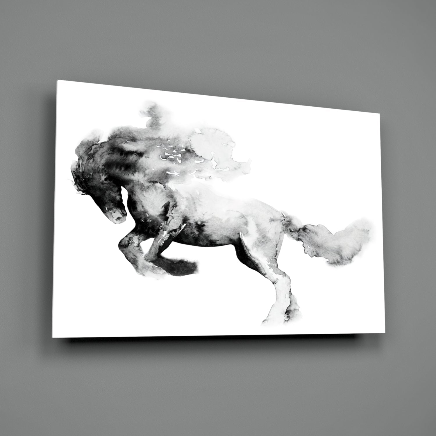 Ink Smoke Galloping Horse Glass Wall Art