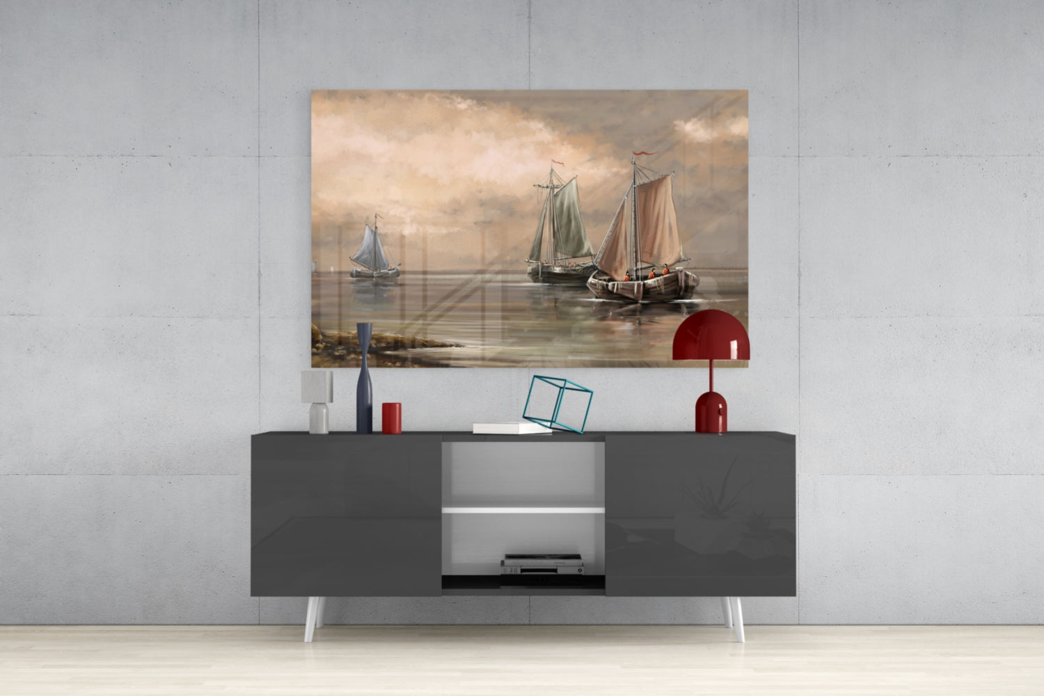 Misty Harbor Fishing Boats Sepia Glass Wall Art