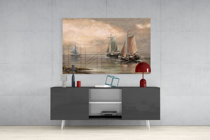 Misty Harbor Fishing Boats Sepia Glass Wall Art