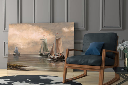 Misty Harbor Fishing Boats Sepia Glass Wall Art
