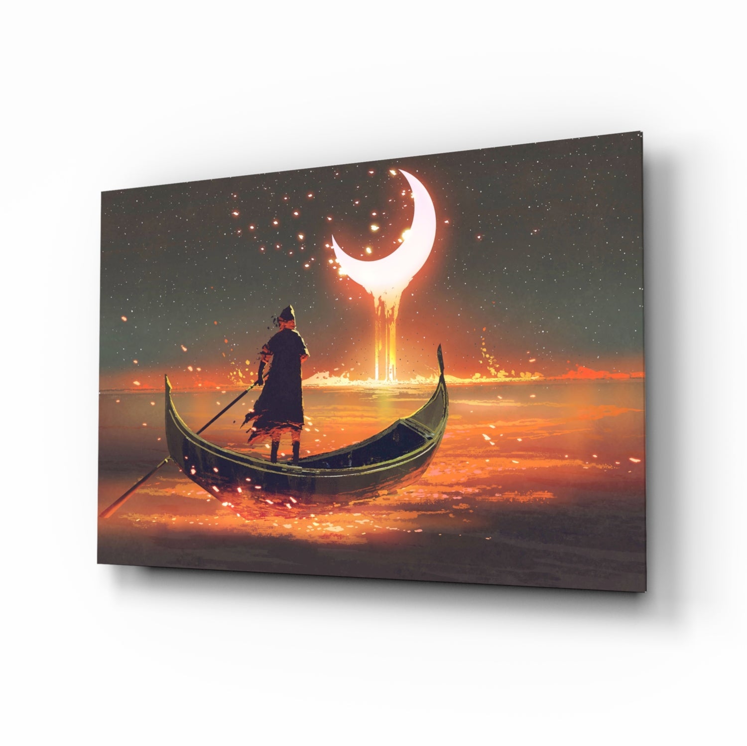 Golden Molten Moon Rower Sunset Glass Wall Art