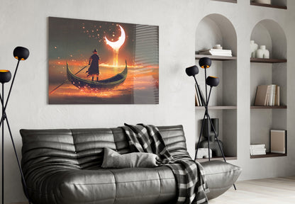 Golden Molten Moon Rower Sunset Glass Wall Art
