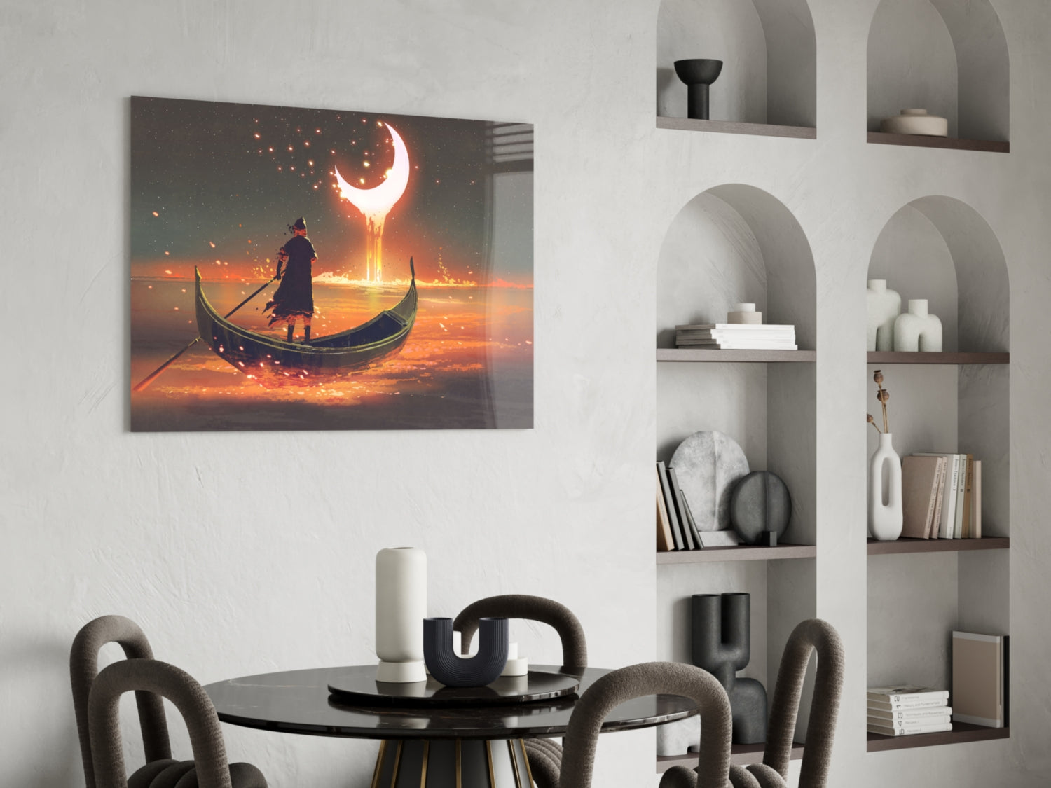 Golden Molten Moon Rower Sunset Glass Wall Art