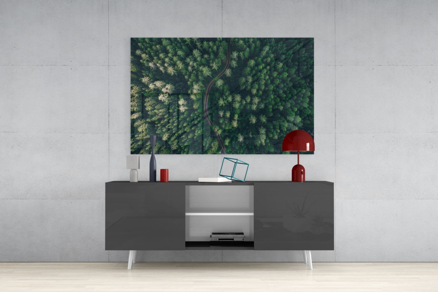 Aerial Woodland Curved Road Glass Wall Art
