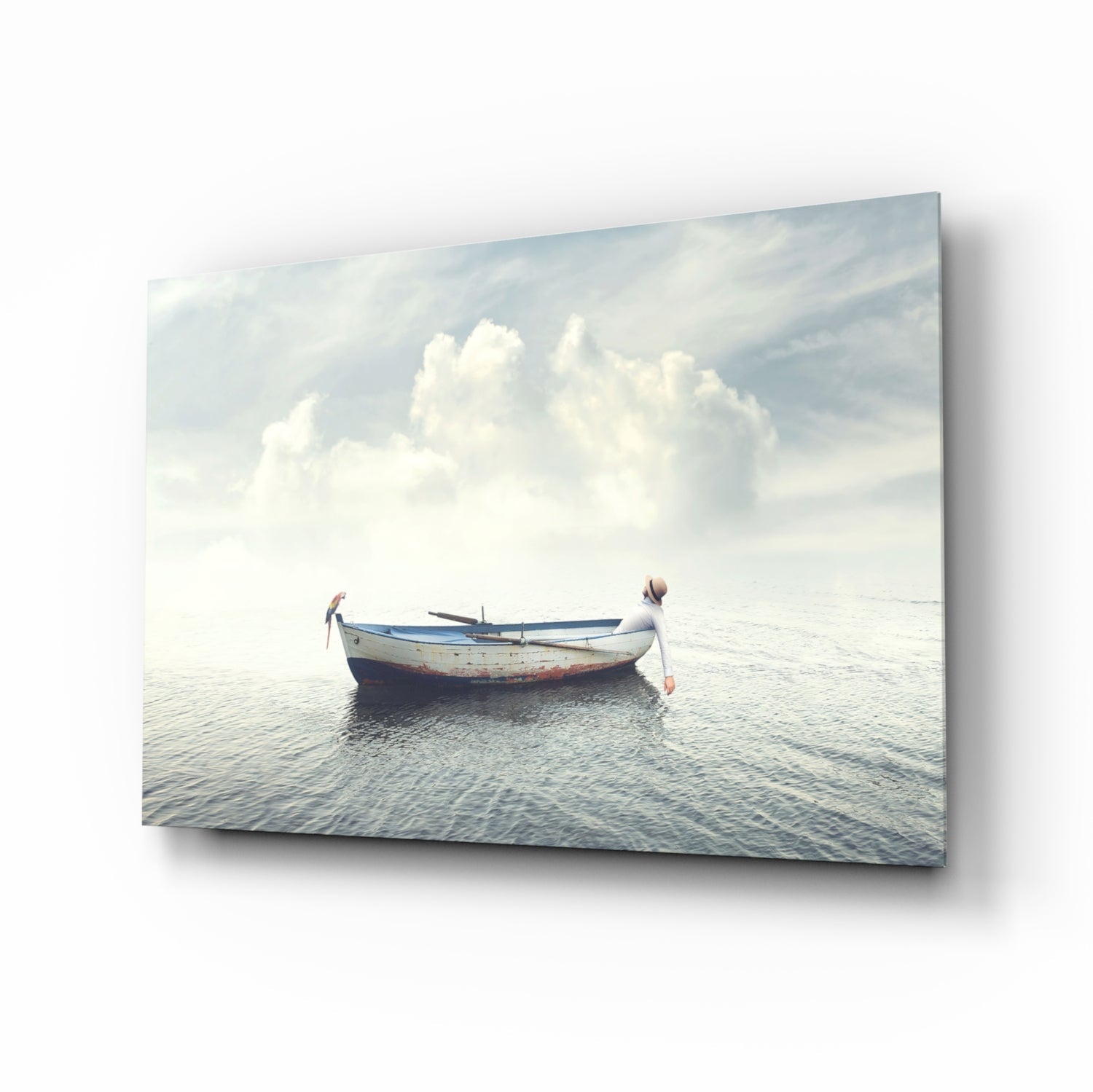 Misty Ocean Rowboat And Macaw Glass Wall Art