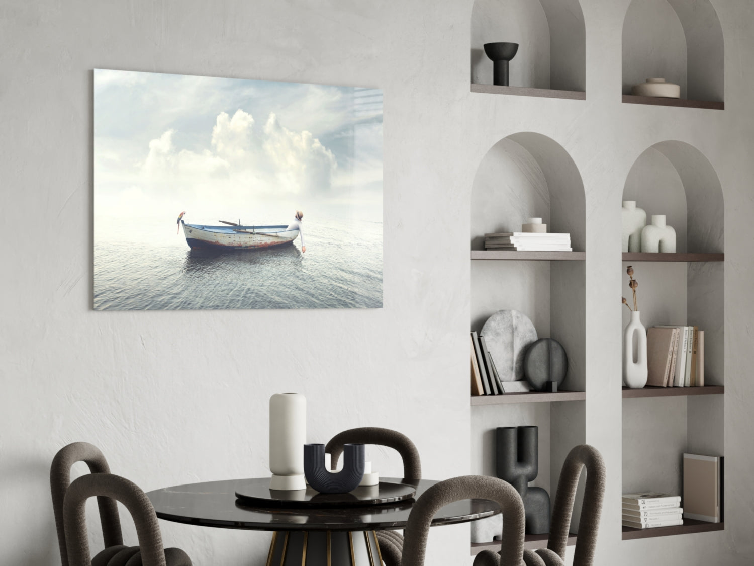 Misty Ocean Rowboat And Macaw Glass Wall Art