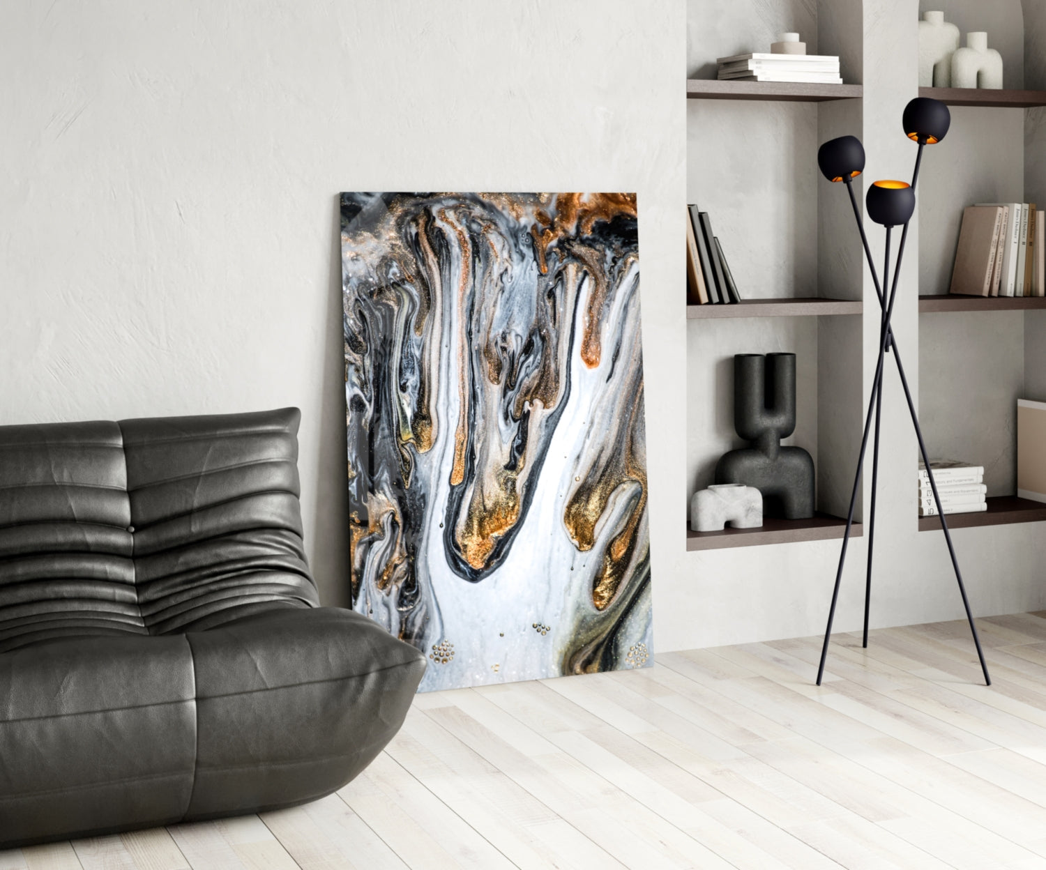 Gold Veined Black Marble Glass Wall Art