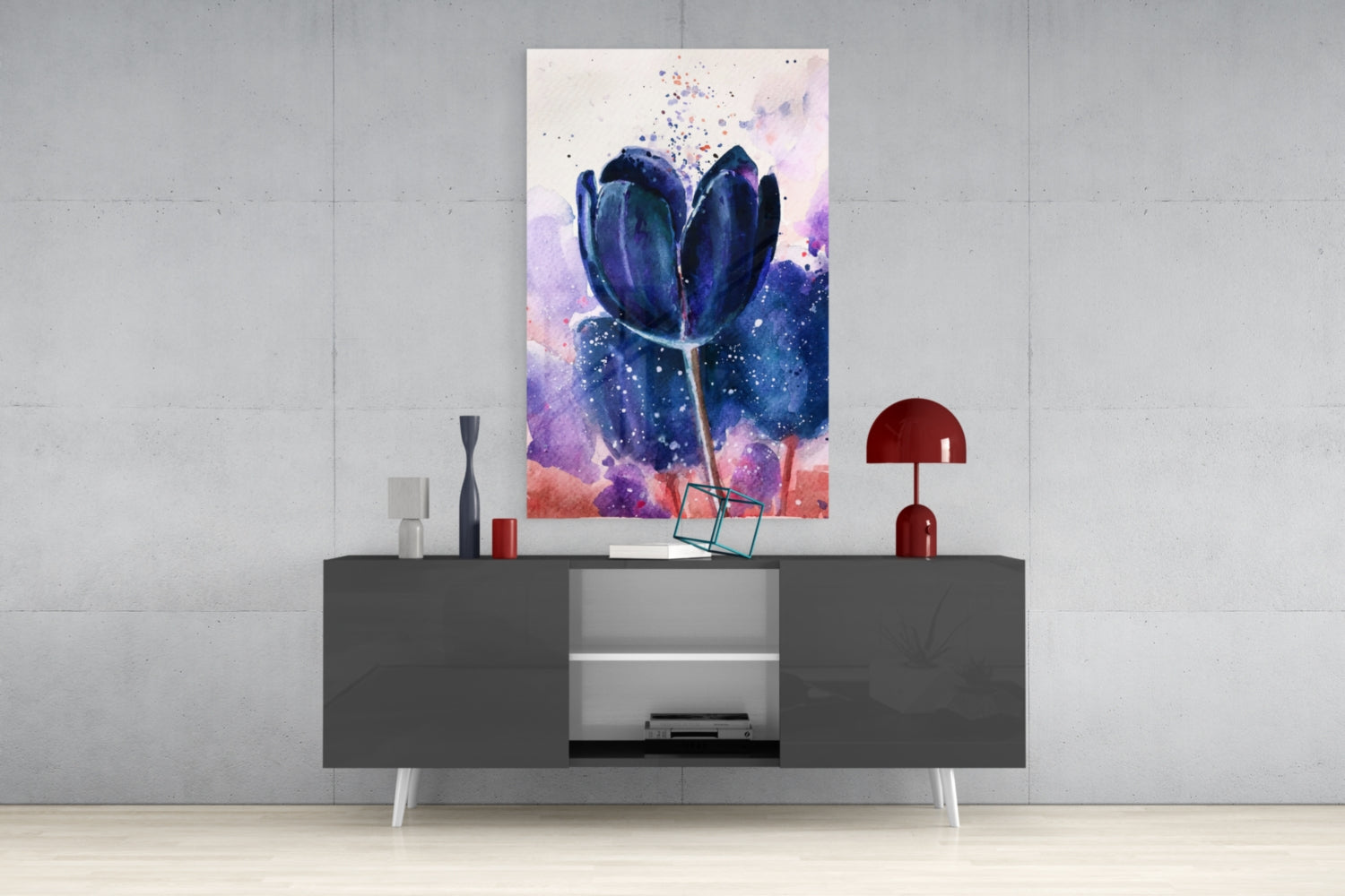 Navy Indigo Tulip on Lilac Wash Glass Wall Art