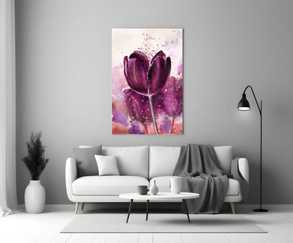 Deep Purple Watercolor Tulip Bloom Glass Wall Art