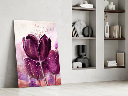 Deep Purple Watercolor Tulip Bloom Glass Wall Art