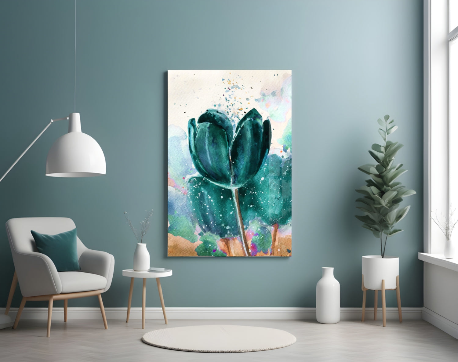 Teal Watercolor Tulip With Paint Splatter Glass Wall Art