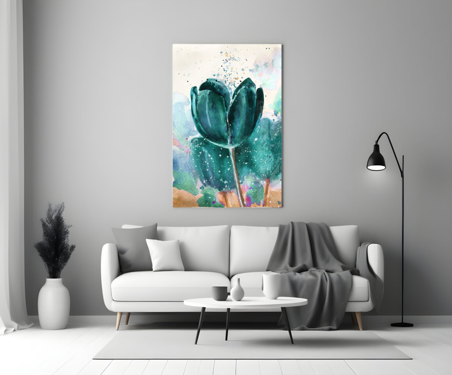 Teal Watercolor Tulip With Paint Splatter Glass Wall Art