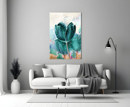 Teal Watercolor Tulip With Paint Splatter Glass Wall Art