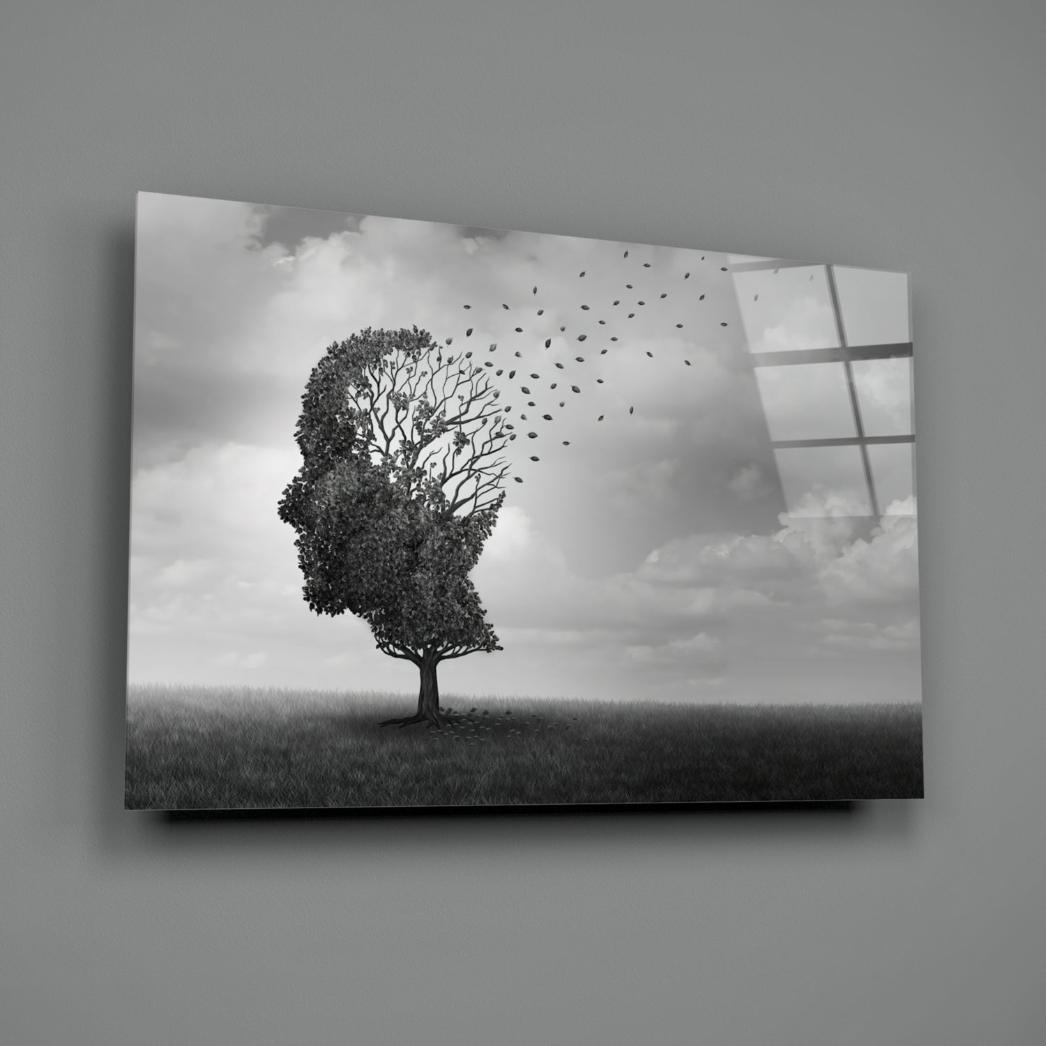 Head Tree Birds Leaving Branches Glass Wall Art