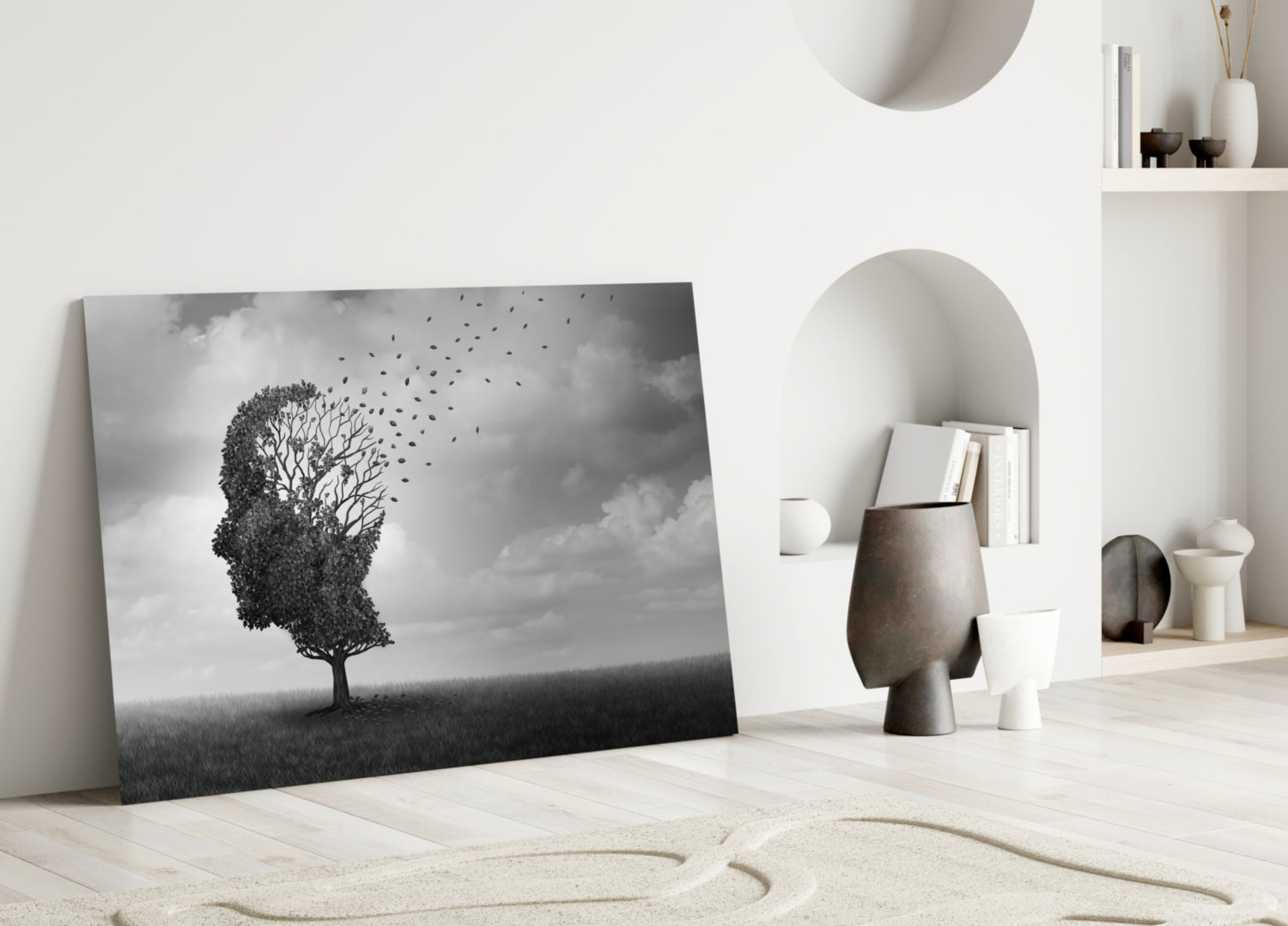 Head Tree Birds Leaving Branches Glass Wall Art