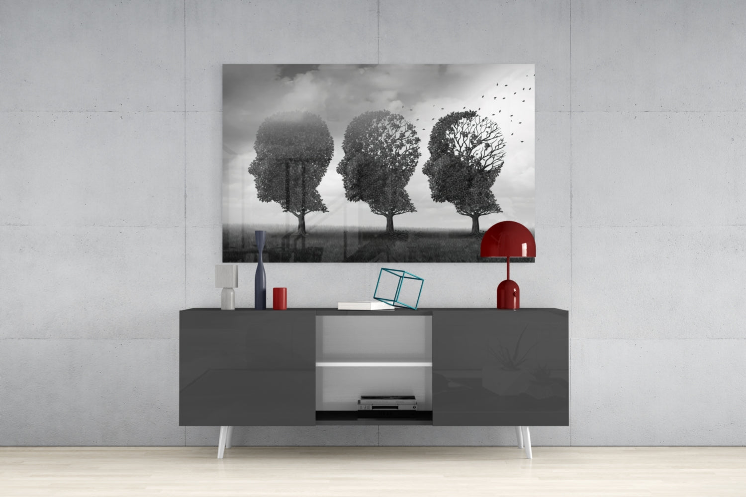 Three Head Shaped Trees Losing Leaves Glass Wall Art
