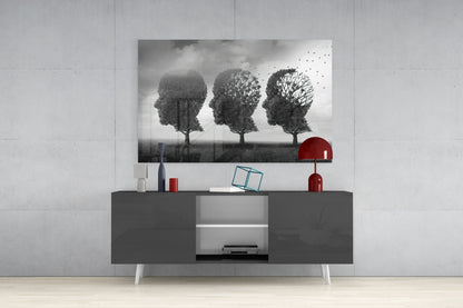 Three Head Shaped Trees Losing Leaves Glass Wall Art