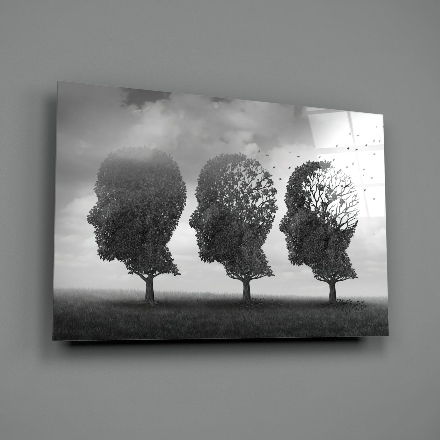 Three Head Shaped Trees Losing Leaves Glass Wall Art
