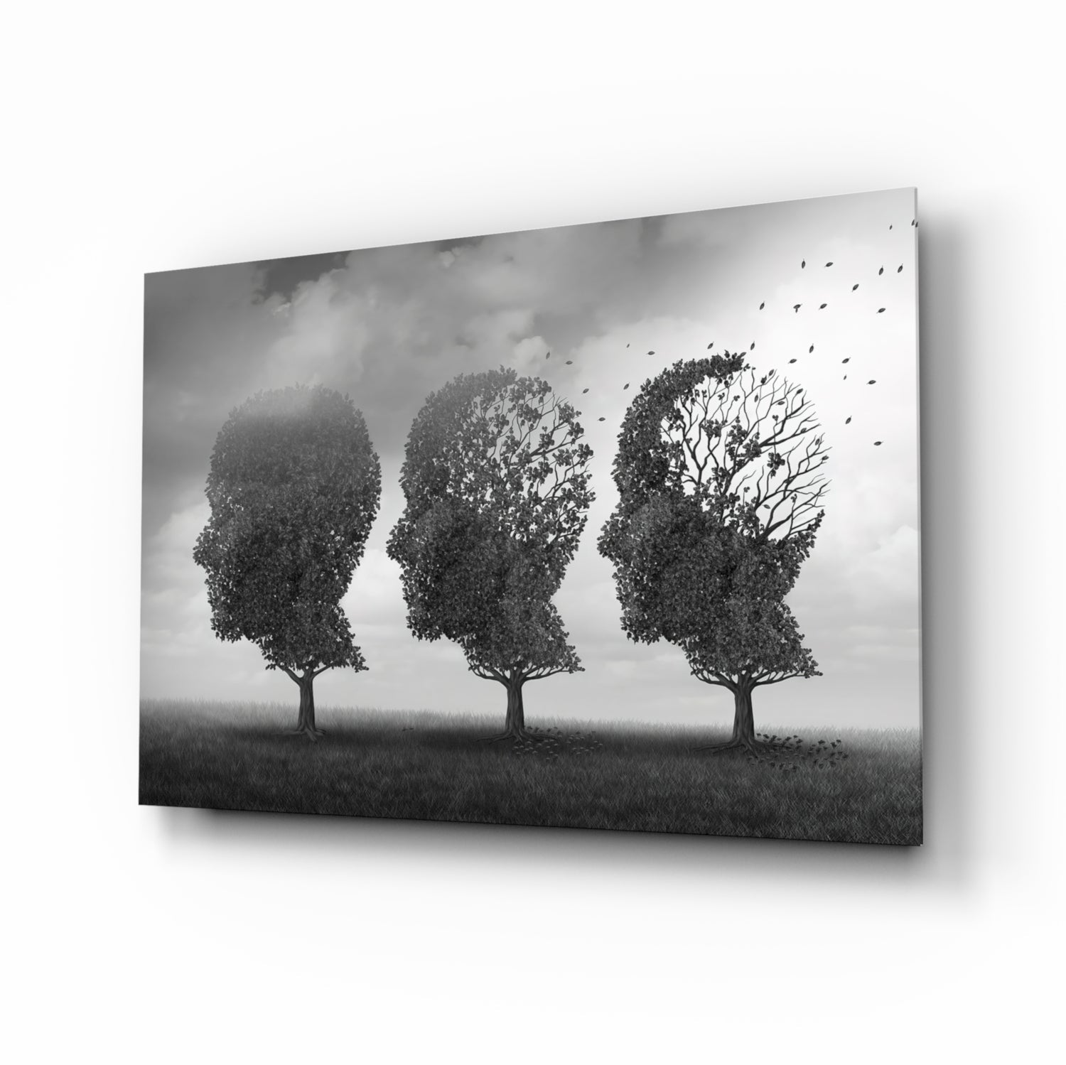 Three Head Shaped Trees Losing Leaves Glass Wall Art