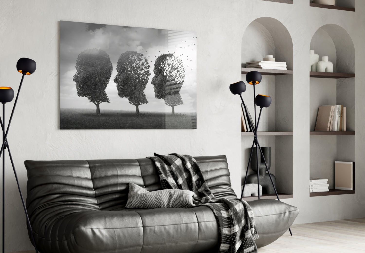 Three Head Shaped Trees Losing Leaves Glass Wall Art