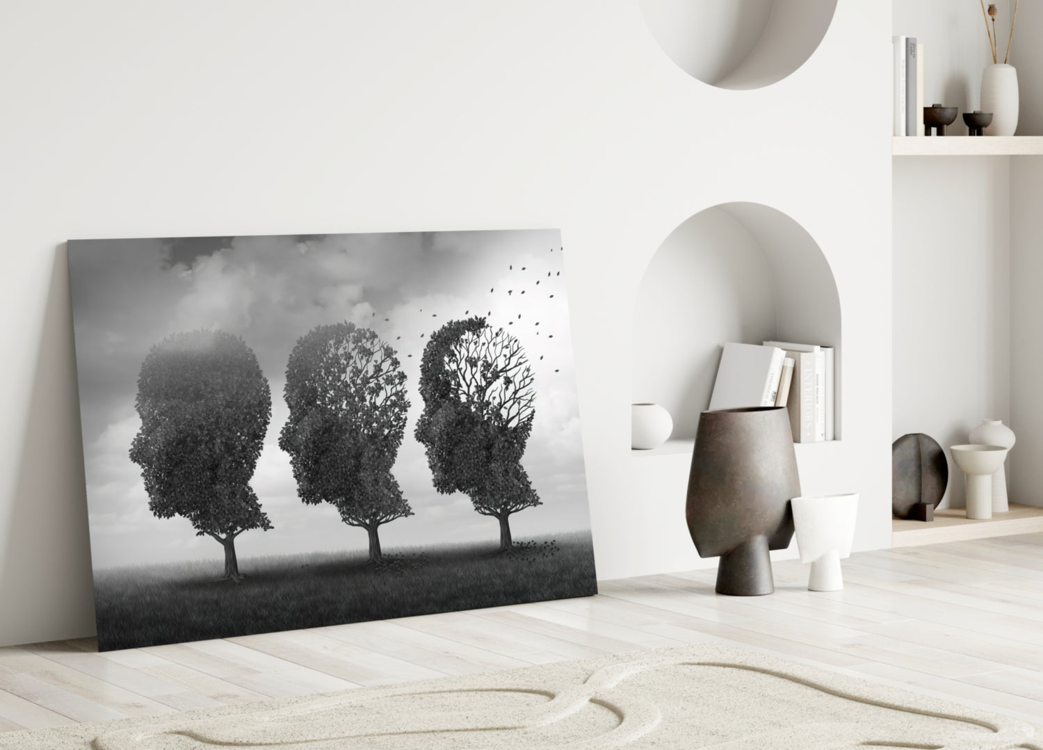 Three Head Shaped Trees Losing Leaves Glass Wall Art